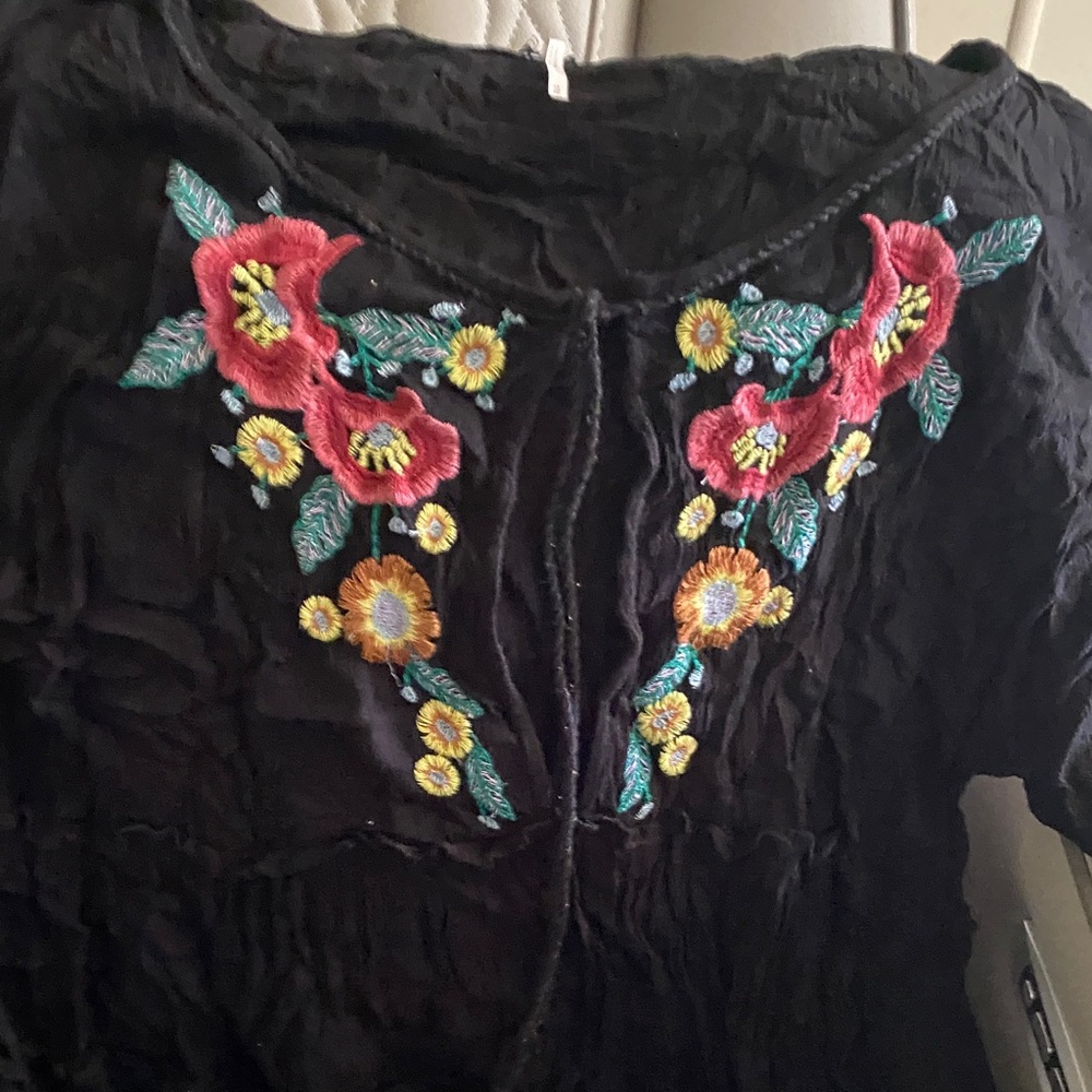 Free People Black Top with Floral Embroidery